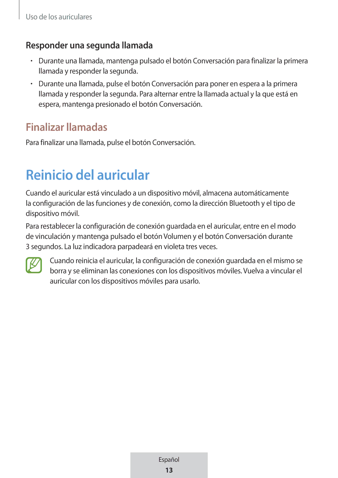 Samsung EO-MG920BBEGRU manual Reinicio del auricular, Finalizar llamadas, Responder una segunda llamada 