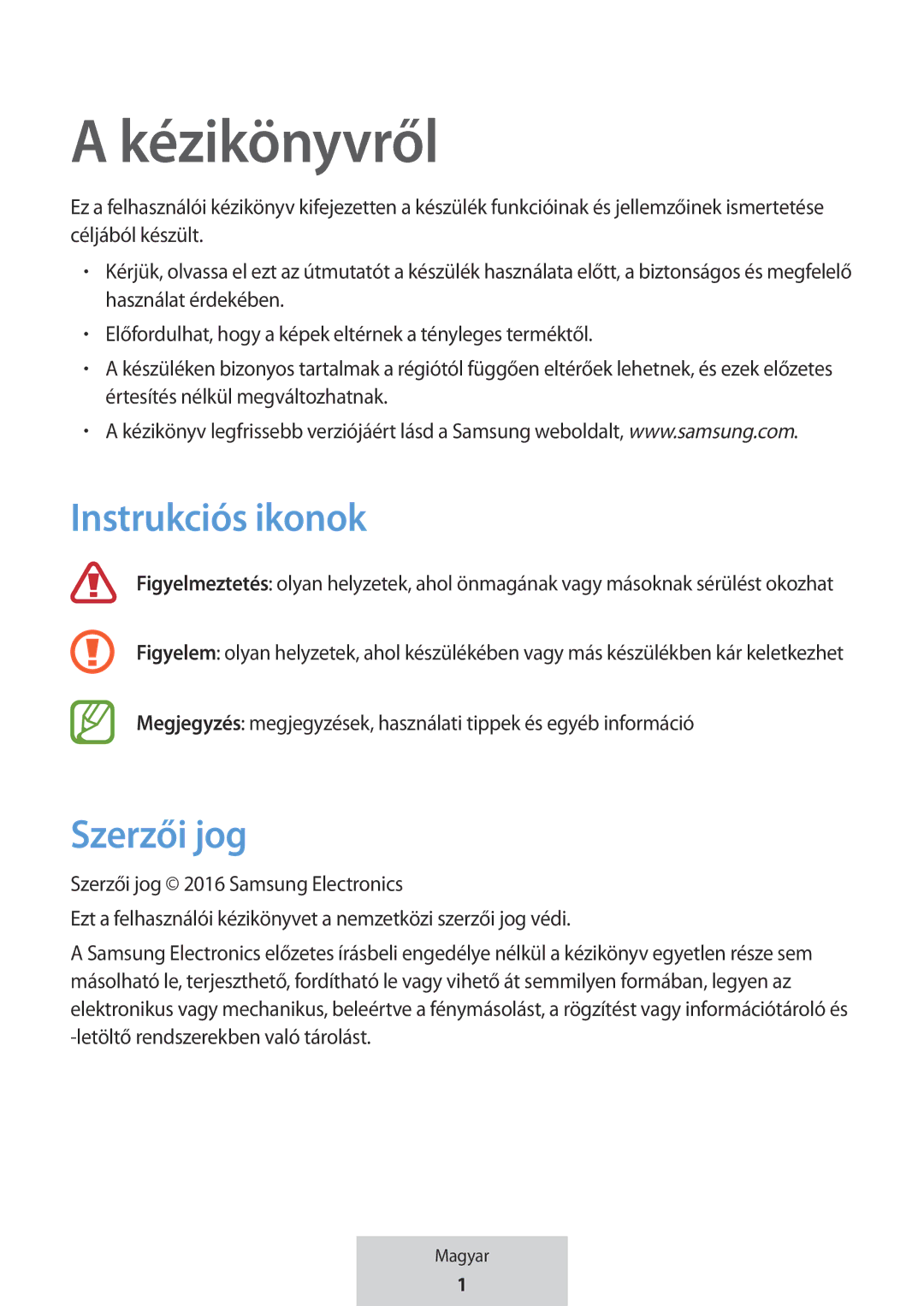 Samsung EO-MG920BBEGRU manual Kézikönyvről, Instrukciós ikonok, Szerzői jog 