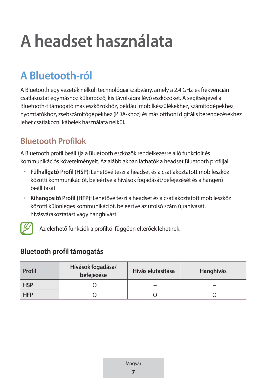 Samsung EO-MG920BBEGRU manual Headset használata, Bluetooth-ról, Bluetooth Profilok, Bluetooth profil támogatás 