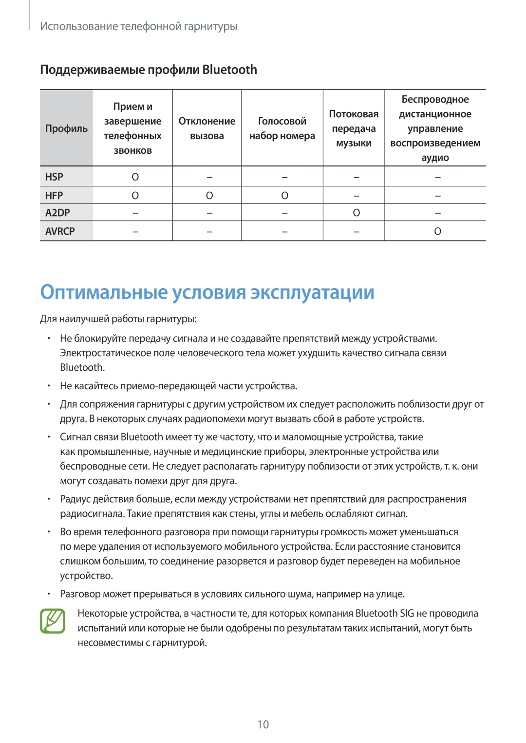 Samsung EO-MN910VWRGRU, EO-MN910B Оптимальные условия эксплуатации, Поддерживаемые профили Bluetooth, Прием и Беспроводное 