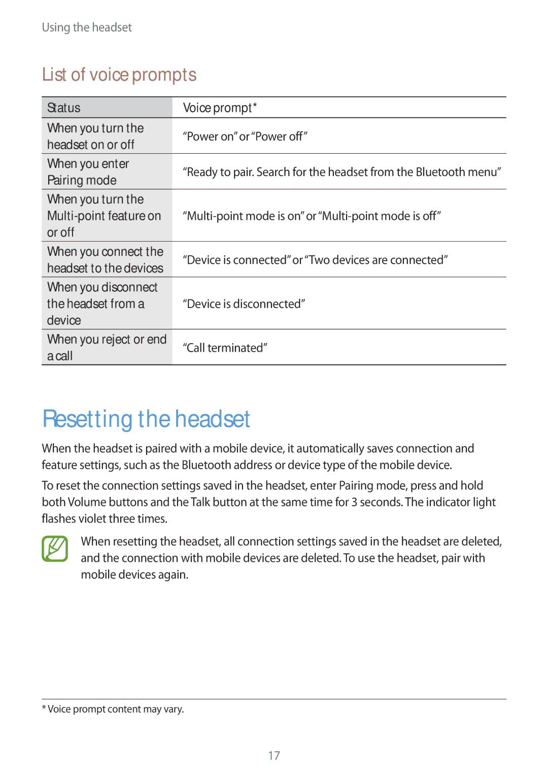 Samsung EO-MN910B, EO-MN910VBRGRU, EO-MN910VWRGRU manual Resetting the headset, List of voice prompts 