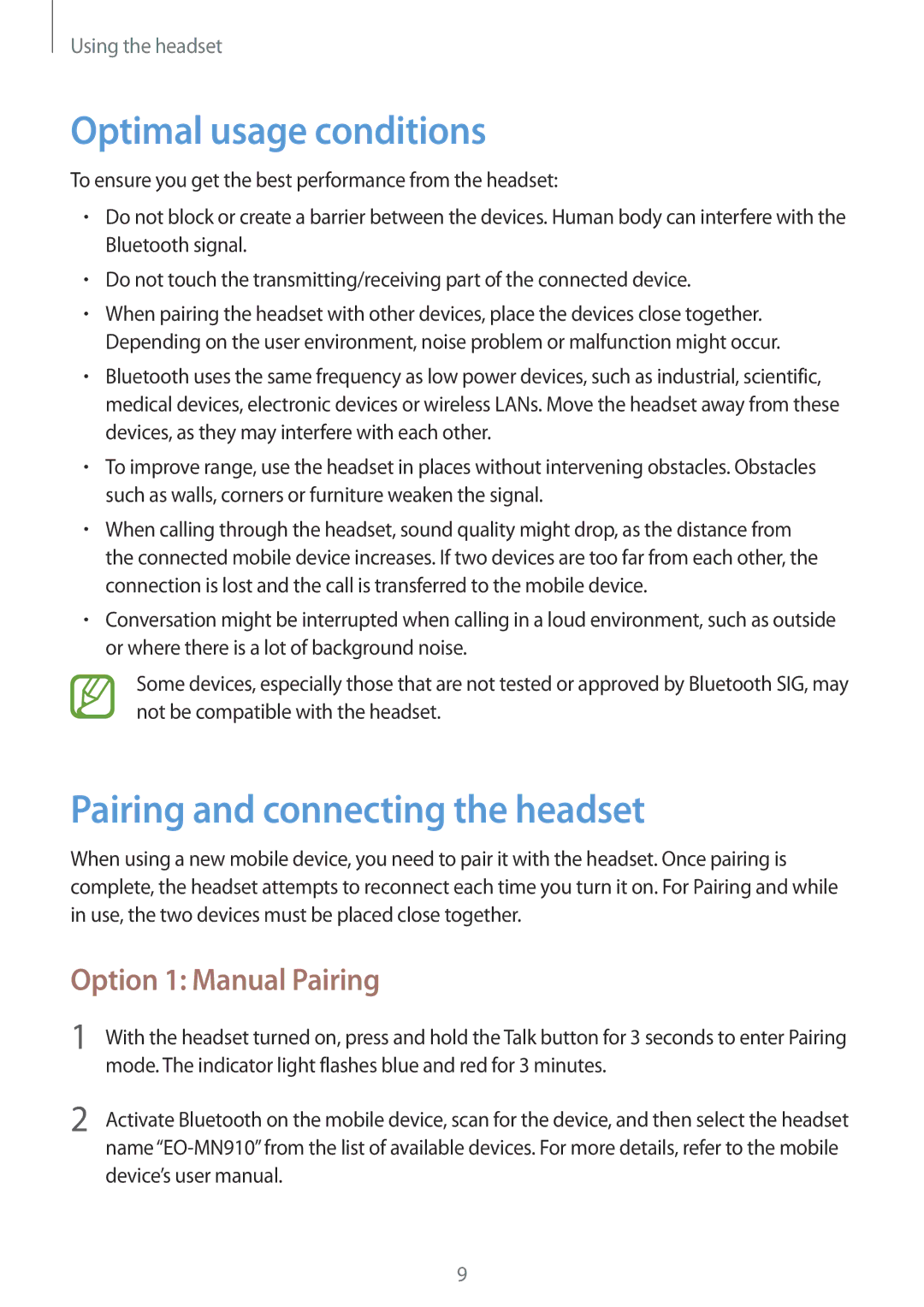 Samsung EO-MN910VBRGRU, EO-MN910B Optimal usage conditions, Pairing and connecting the headset, Option 1 Manual Pairing 