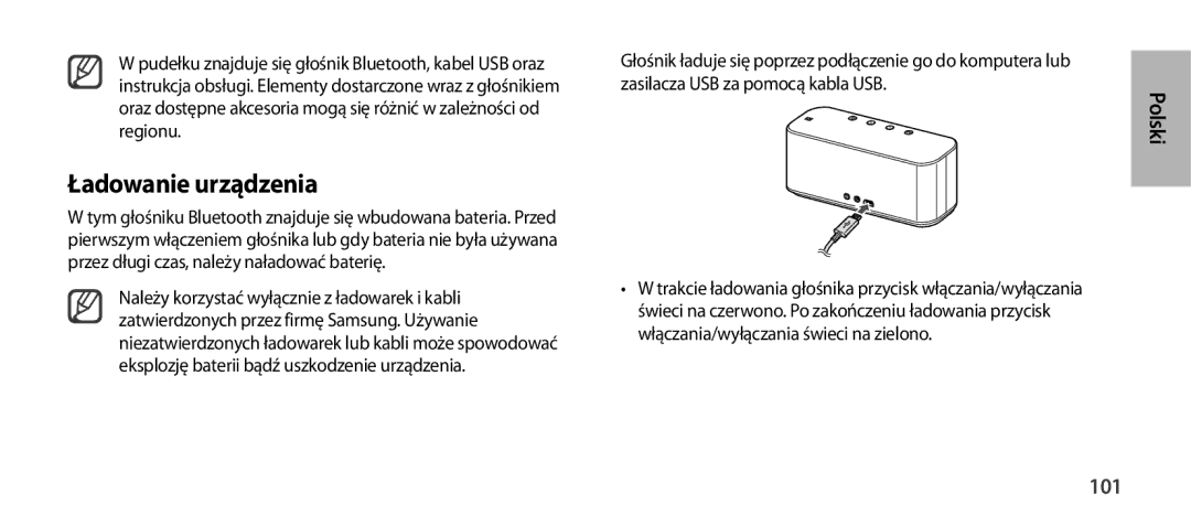 Samsung EO-SG900DREGRU, EO-SG900DSEGWW, EO-SG900DREGWW, EO-SG900DBEGWW, EO-SG900DLEGWW manual Ładowanie urządzenia, Polski, 101 