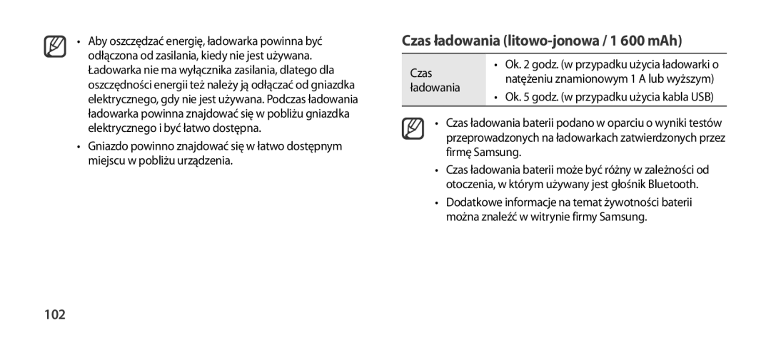 Samsung EO-SG900DSEGRU, EO-SG900DSEGWW, EO-SG900DREGWW manual Czas ładowania litowo-jonowa / 1 600 mAh, 102, Ładowania 