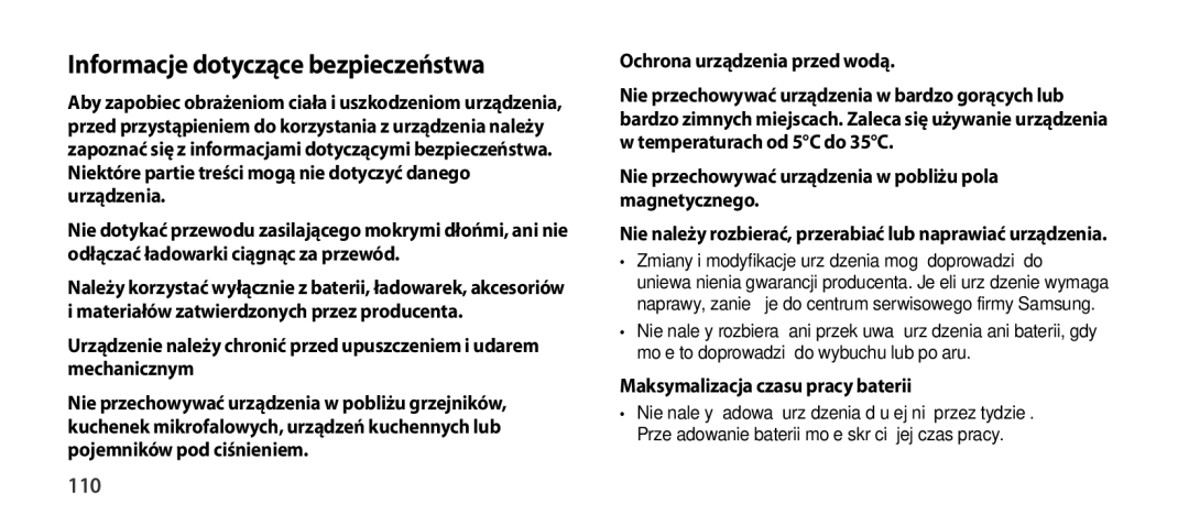 Samsung EO-SG900DREDWW, EO-SG900DSEGWW manual Informacje dotyczące bezpieczeństwa, 110, Ochrona urządzenia przed wodą 