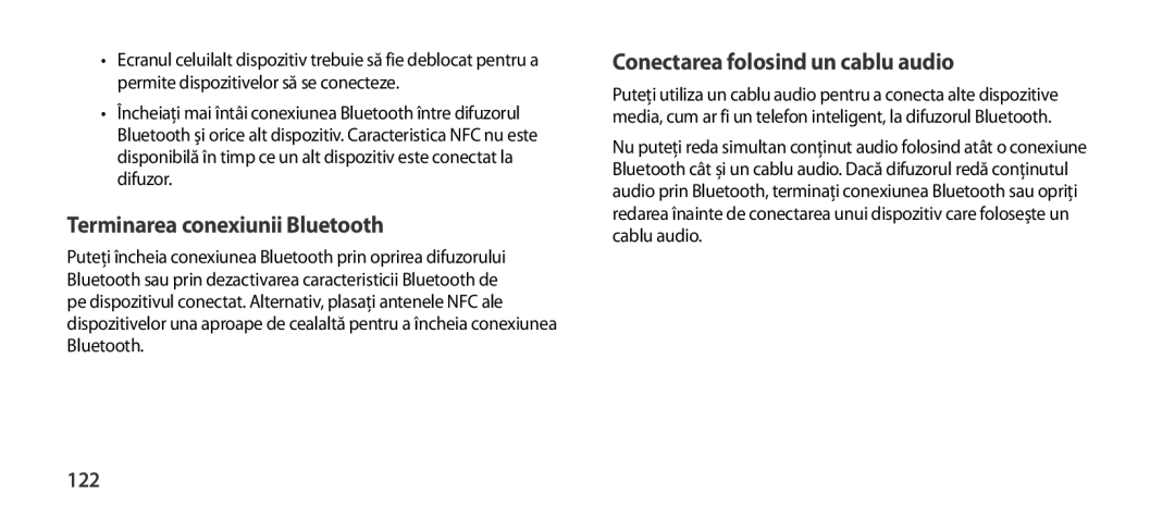 Samsung EO-SG900DSEDWW, EO-SG900DSEGWW manual Terminarea conexiunii Bluetooth, Conectarea folosind un cablu audio, 122 