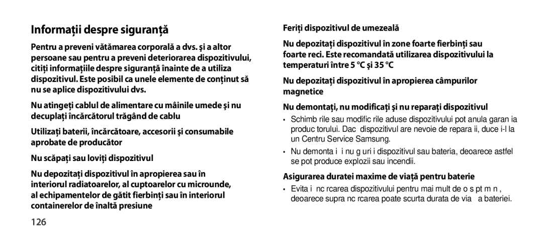 Samsung EO-SG900DLEGRU, EO-SG900DSEGWW, EO-SG900DREGWW Informaţii despre siguranţă, 126, Feriţi dispozitivul de umezeală 