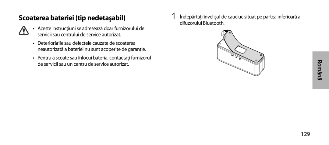 Samsung EO-SG900DBEGRU, EO-SG900DSEGWW, EO-SG900DREGWW, EO-SG900DBEGWW manual Scoaterea bateriei tip nedetaşabil, 129 