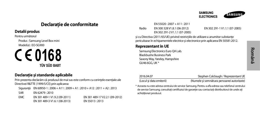 Samsung EO-SG900DREGWW Declaraţie de conformitate, Detalii produs, Declaraţie şi standarde aplicabile, Reprezentant în UE 