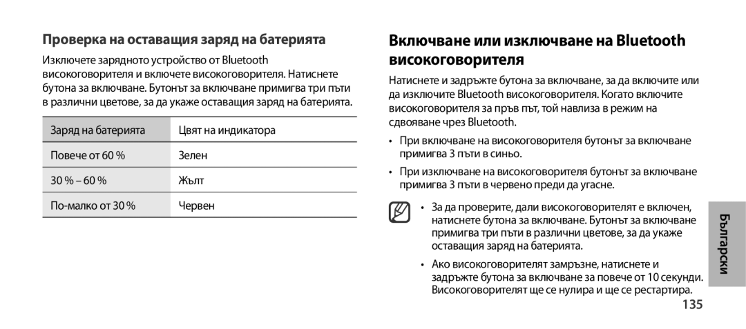 Samsung EO-SG900DSEDWW Включване или изключване на Bluetooth високоговорителя, Проверка на оставащия заряд на батерията 