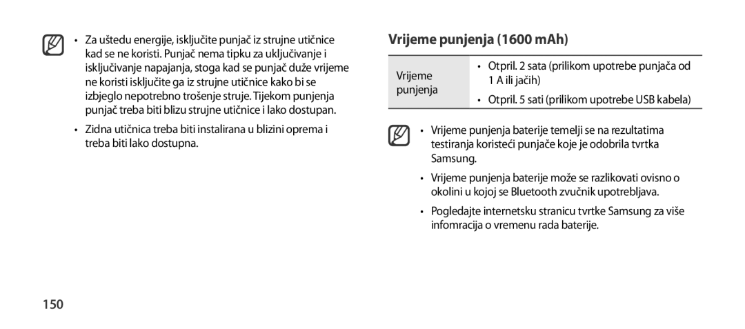 Samsung EO-SG900DBEDWW, EO-SG900DSEGWW, EO-SG900DREGWW, EO-SG900DBEGWW Vrijeme punjenja 1600 mAh, 150, Ili jačih, Punjenja 