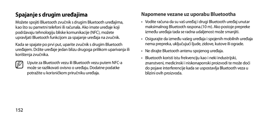 Samsung EO-SG900DLEGRU, EO-SG900DSEGWW manual Spajanje s drugim uređajima, Napomene vezane uz uporabu Bluetootha, 152 