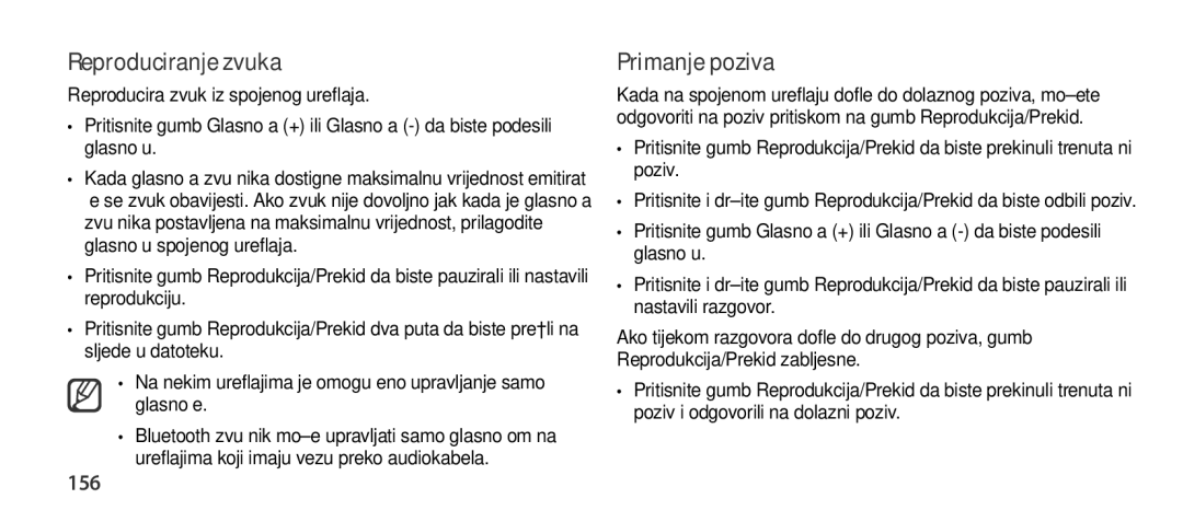 Samsung EO-SG900DSEGWW, EO-SG900DREGWW, EO-SG900DBEGWW, EO-SG900DLEGWW manual Reproduciranje zvuka, Primanje poziva, 156 