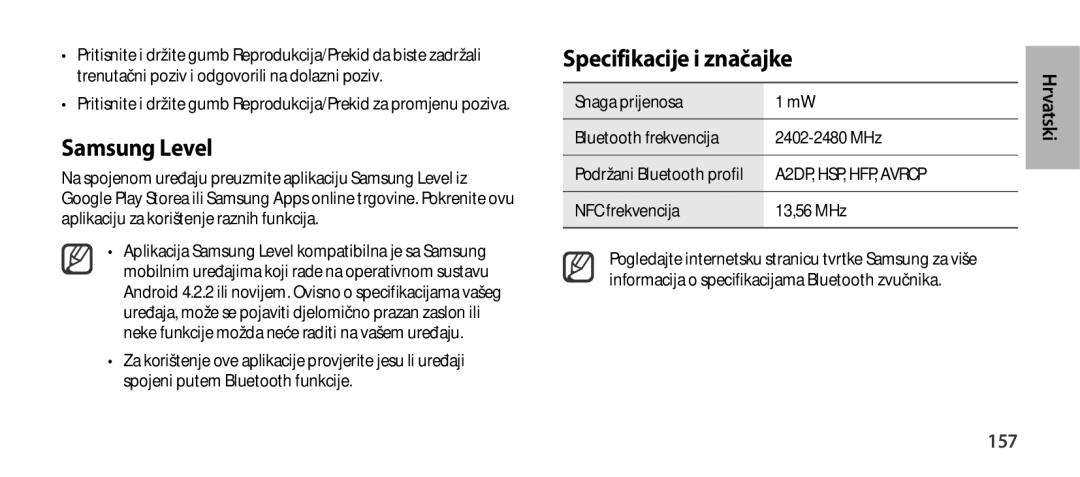 Samsung EO-SG900DREGWW, EO-SG900DSEGWW Specifikacije i značajke, 157, Snaga prijenosa Bluetooth frekvencija 2402-2480 MHz 