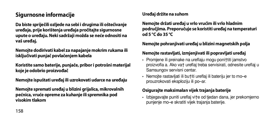 Samsung EO-SG900DBEGWW, EO-SG900DSEGWW manual Sigurnosne informacije, 158, Osigurajte maksimalan vijek trajanja baterije 