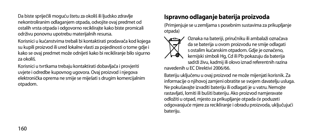 Samsung EO-SG900DSEGWW, EO-SG900DREGWW Ispravno odlaganje baterija proizvoda, 160, Navedenih u EC Direktivi 2006/66 