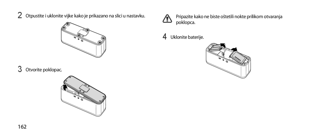 Samsung EO-SG900DREDWW, EO-SG900DSEGWW, EO-SG900DREGWW, EO-SG900DBEGWW 162, Poklopca, Uklonite baterije Otvorite poklopac 