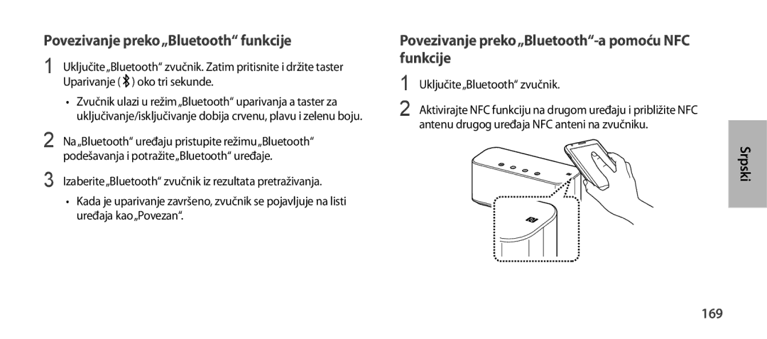 Samsung EO-SG900DSEGWW manual Povezivanje preko„Bluetooth funkcije, Povezivanje preko„Bluetooth-a pomoću NFC funkcije, 169 