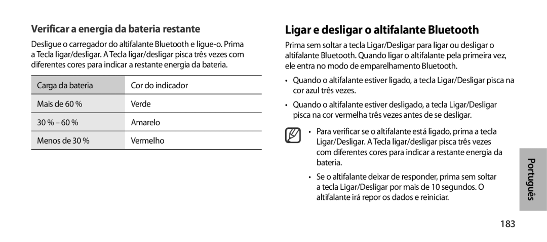 Samsung EO-SG900DREGWW Ligar e desligar o altifalante Bluetooth, Verificar a energia da bateria restante, Português, 183 