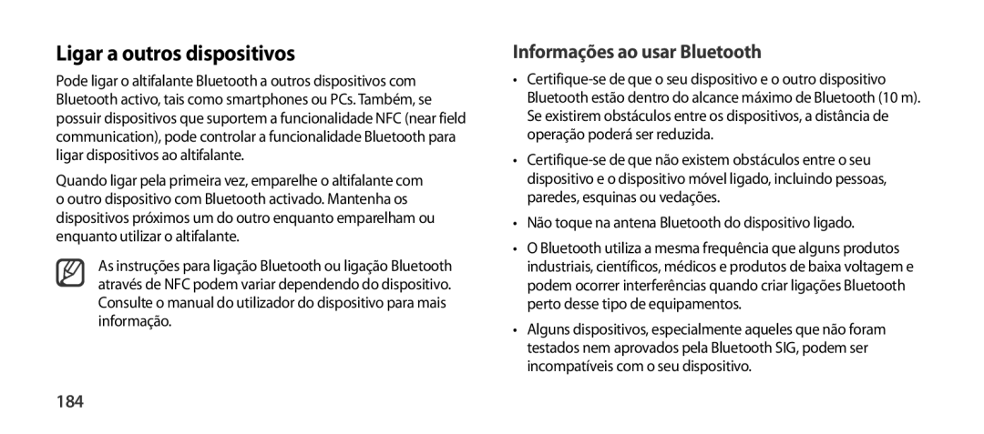 Samsung EO-SG900DBEGWW, EO-SG900DSEGWW, EO-SG900DREGWW manual Ligar a outros dispositivos, Informações ao usar Bluetooth, 184 