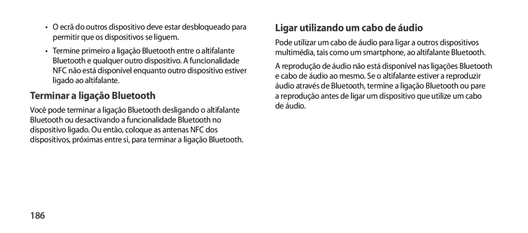 Samsung EO-SG900DSEGWW, EO-SG900DREGWW manual Terminar a ligação Bluetooth, Ligar utilizando um cabo de áudio, 186 