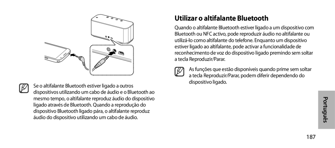 Samsung EO-SG900DSEDWW, EO-SG900DSEGWW, EO-SG900DREGWW, EO-SG900DBEGWW, EO-SG900DLEGWW Utilizar o altifalante Bluetooth, 187 