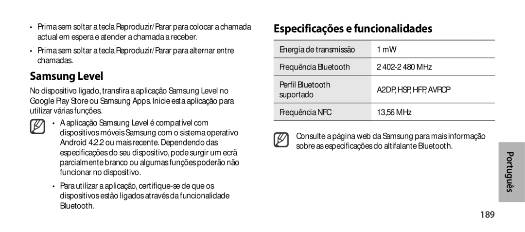 Samsung EO-SG900DBEDWW, EO-SG900DSEGWW manual Especificações e funcionalidades, 189, Suportado, Frequência NFC 13,56 MHz 