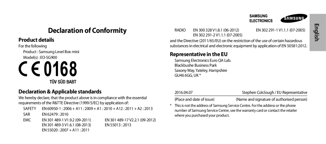 Samsung EO-SG900DREDWW, EO-SG900DSEGWW manual Declaration of Conformity, Product details, Declaration & Applicable standards 