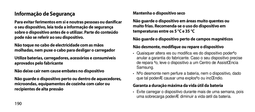 Samsung EO-SG900DLEDWW, EO-SG900DSEGWW manual Informação de Segurança, 190, Garanta a duração máxima da vida útil da bateria 