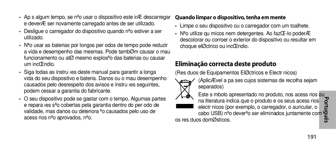 Samsung EO-SG900DLEGRU, EO-SG900DSEGWW Eliminação correcta deste produto, 191, Quando limpar o dispositivo, tenha em mente 