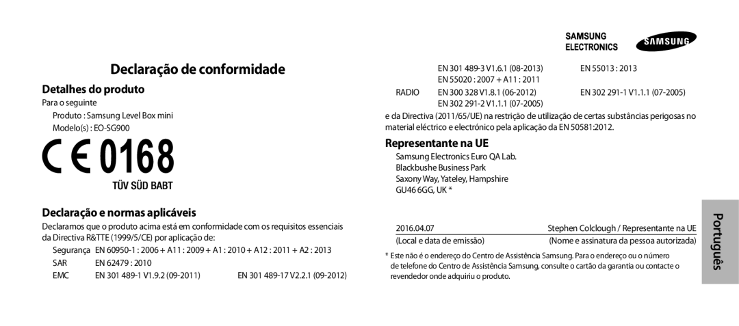 Samsung EO-SG900DSEGWW, EO-SG900DREGWW Declaração de conformidade, Detalhes do produto, Declaração e normas aplicáveis 