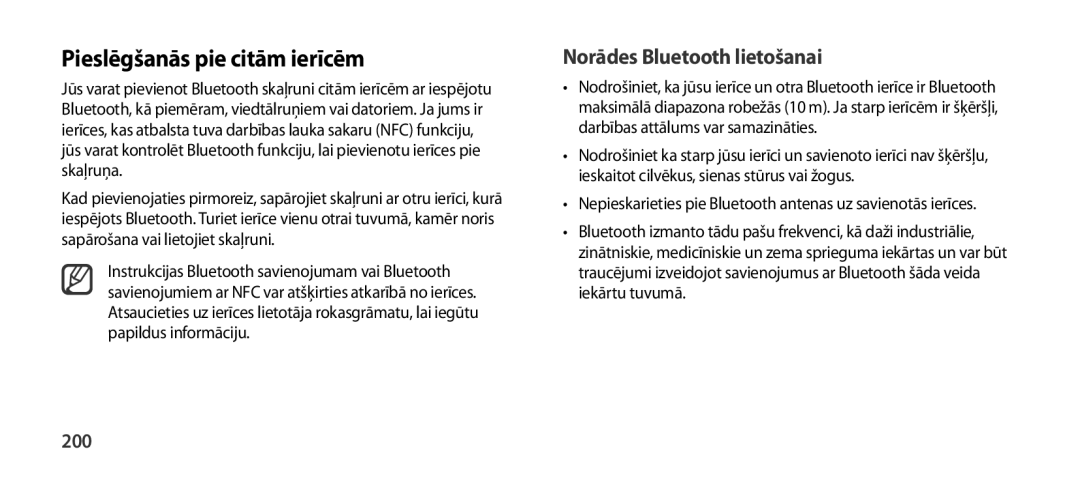 Samsung EO-SG900DSEDWW, EO-SG900DSEGWW, EO-SG900DREGWW Pieslēgšanās pie citām ierīcēm, Norādes Bluetooth lietošanai, 200 