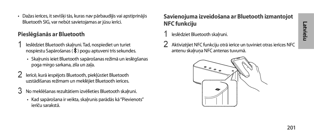 Samsung EO-SG900DREDWW, EO-SG900DSEGWW, EO-SG900DREGWW manual Pieslēgšanās ar Bluetooth, 201, Ieslēdziet Bluetooth skaļruni 