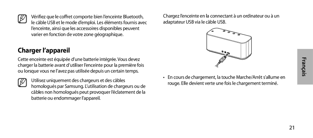 Samsung EO-SG900DLEDWW, EO-SG900DSEGWW, EO-SG900DREGWW, EO-SG900DBEGWW, EO-SG900DLEGWW manual Charger l’appareil, Français 