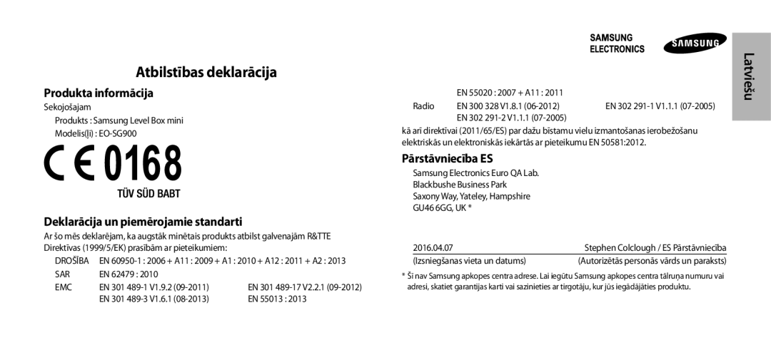 Samsung EO-SG900DLEGWW manual Atbilstības deklarācija, Produkta informācija, Deklarācija un piemērojamie standarti 