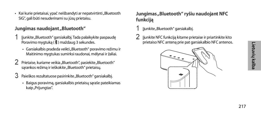 Samsung EO-SG900DLEGRU, EO-SG900DSEGWW Jungimas naudojant„Bluetooth, Jungimas„Bluetooth ryšiu naudojant NFC funkciją, 217 