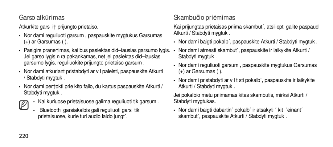 Samsung EO-SG900DBEGRU Garso atkūrimas, Skambučio priėmimas, 220, Atkurkite garsą iš prijungto prietaiso, + ar Garsumas 