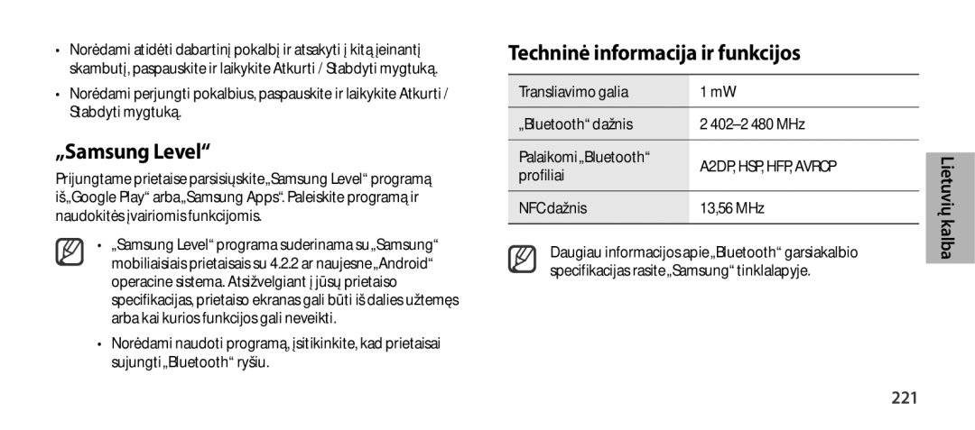 Samsung EO-SG900DSEGWW manual „Samsung Level, Techninė informacija ir funkcijos, 221, Profiliai, NFC dažnis 13,56 MHz 