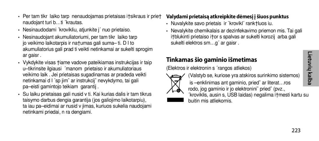 Samsung EO-SG900DBEGWW manual Tinkamas šio gaminio išmetimas, 223, Nuvalykite savo prietaisą ir įkroviklį rankšluosčiu 