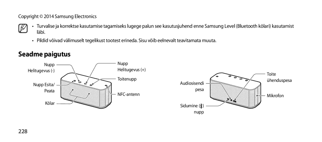 Samsung EO-SG900DBEDWW, EO-SG900DSEGWW, EO-SG900DREGWW, EO-SG900DBEGWW, EO-SG900DLEGWW, EO-SG900DSEDWW Seadme paigutus, 228 