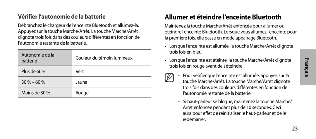 Samsung EO-SG900DREGRU, EO-SG900DSEGWW manual Allumer et éteindre l’enceinte Bluetooth, Vérifier l’autonomie de la batterie 