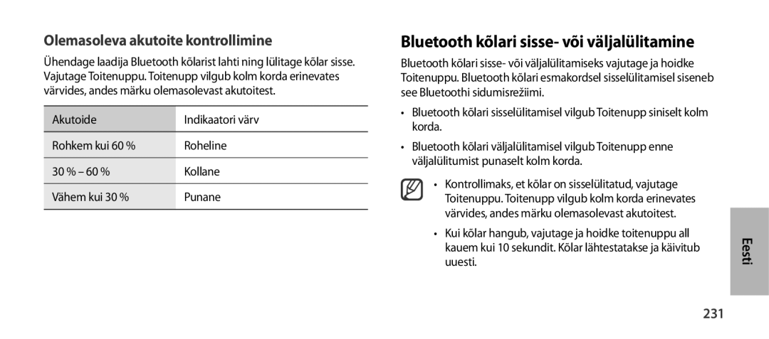 Samsung EO-SG900DREGRU manual Bluetooth kõlari sisse- või väljalülitamine, Olemasoleva akutoite kontrollimine, 231 