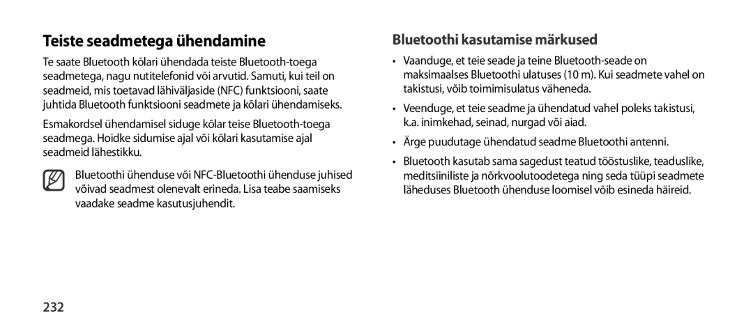 Samsung EO-SG900DSEGRU, EO-SG900DSEGWW, EO-SG900DREGWW Teiste seadmetega ühendamine, Bluetoothi kasutamise märkused, 232 