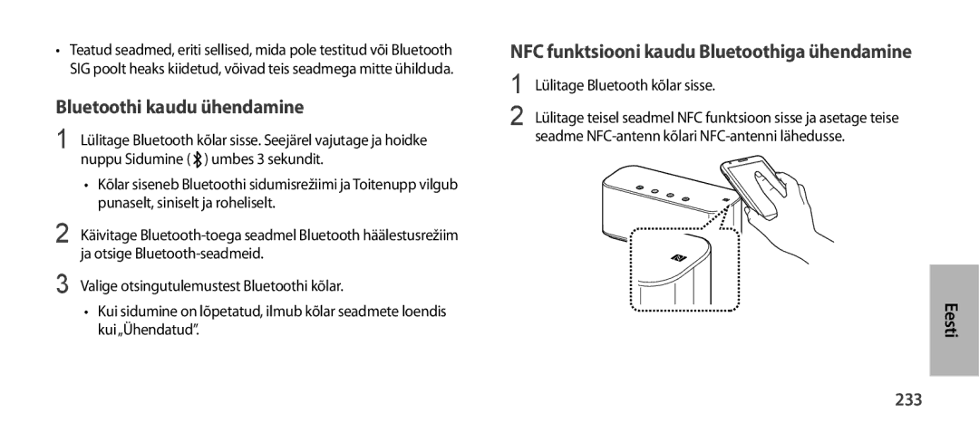 Samsung EO-SG900DBEGRU, EO-SG900DSEGWW Bluetoothi kaudu ühendamine, NFC funktsiooni kaudu Bluetoothiga ühendamine, 233 