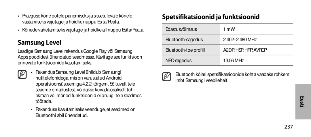 Samsung EO-SG900DLEGWW, EO-SG900DSEGWW, EO-SG900DREGWW, EO-SG900DBEGWW manual Spetsifikatsioonid ja funktsioonid, 237 