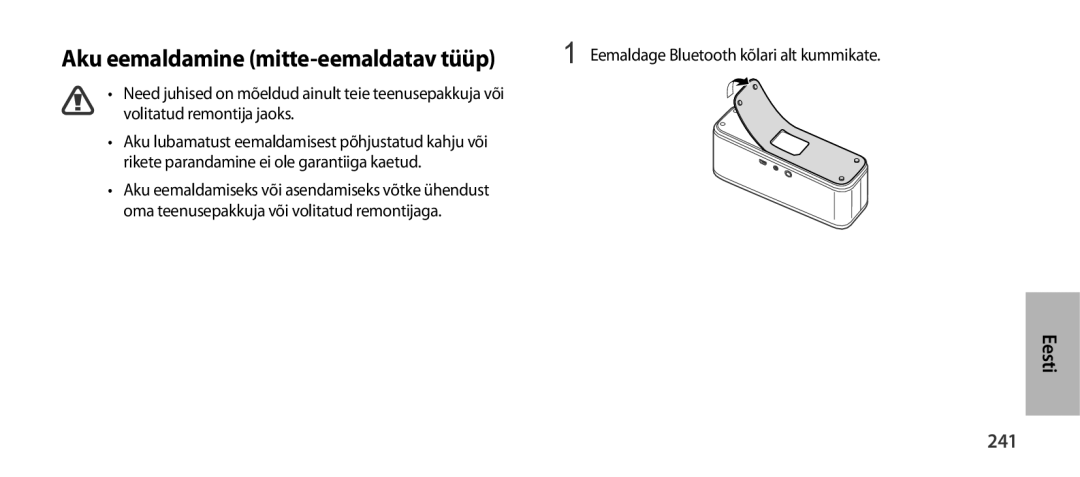 Samsung EO-SG900DBEDWW manual Aku eemaldamine mitte-eemaldatav tüüp, 241, Eemaldage Bluetooth kõlari alt kummikate 