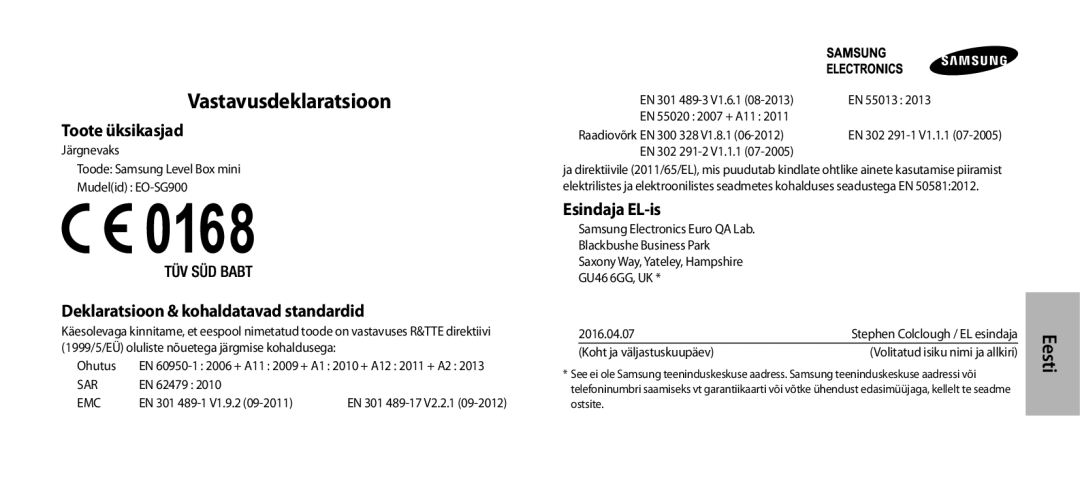 Samsung EO-SG900DLEGRU Vastavusdeklaratsioon, Toote üksikasjad, Deklaratsioon & kohaldatavad standardid, Esindaja EL-is 