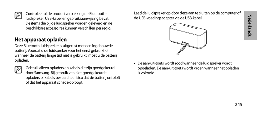 Samsung EO-SG900DSEGRU, EO-SG900DSEGWW, EO-SG900DREGWW, EO-SG900DBEGWW, EO-SG900DLEGWW Het apparaat opladen, Nederlands, 245 