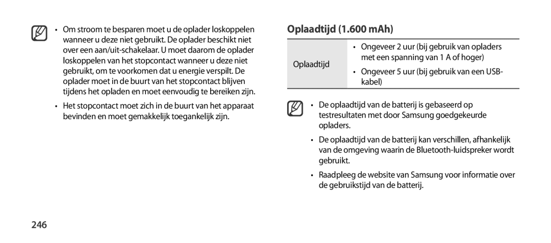 Samsung EO-SG900DBEGRU, EO-SG900DSEGWW manual Oplaadtijd 1.600 mAh, 246, Ongeveer 5 uur bij gebruik van een USB- kabel 