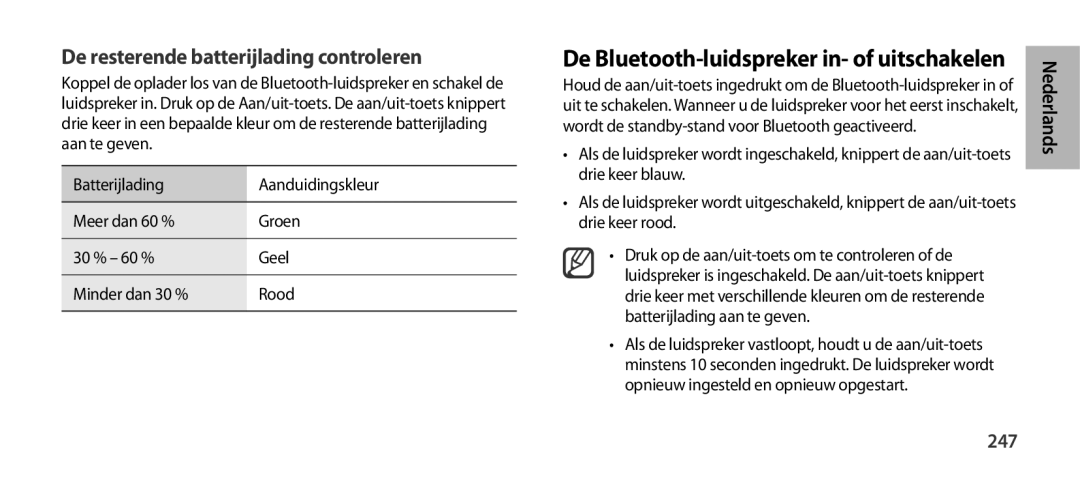 Samsung EO-SG900DSEGWW manual De resterende batterijlading controleren, De Bluetooth-luidspreker in- of uitschakelen, 247 